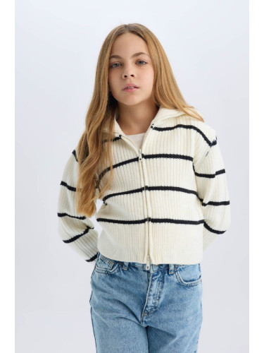 DEFACTO Girl's Striped Zippered Knitwear Cardigan