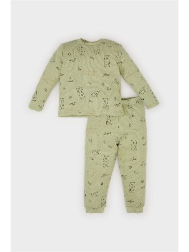 DEFACTO Baby Boy Pajama Set Bear Printed Long Sleeve Ribbed Camisole Top Elastic Waist Long Bottom