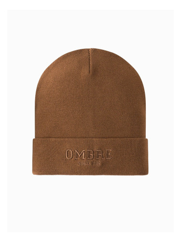 Ombre Men's knitted beanie with embroidered inscription - brown