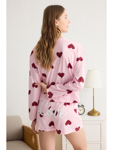 Trendyol Pink 100% Cotton Heart and Slogan Knitted Pajama Set