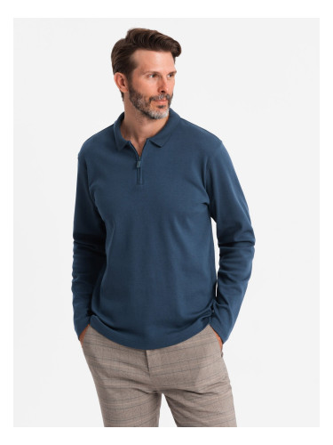 Ombre Men's polo longsleeve with zippered collar - navy blue