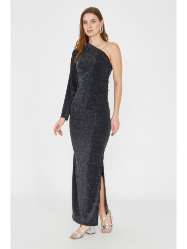 Trendyol Anthracite Body-Smooth Single Sleeve Glittery Knitted Midi Dress