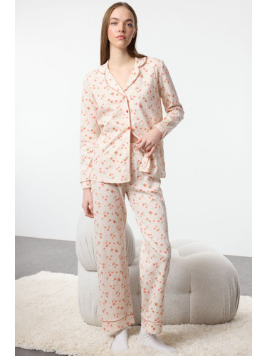 Trendyol Ecru 100% Cotton Floral Knitted Pajama Set