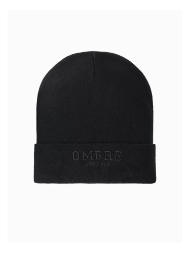 Ombre Men's knitted beanie hat with embroidered inscription - black