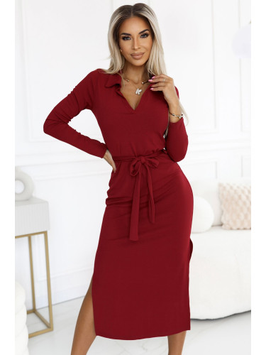 560-1 Classic midi dress with collar and tie - BORDO