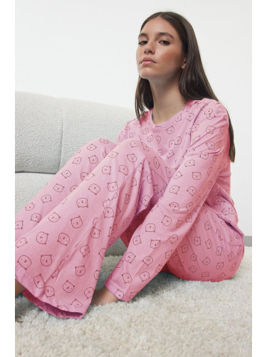 Trendyol Pink 100% Cotton Teddy Bear Patterned Knitted Pajama Set