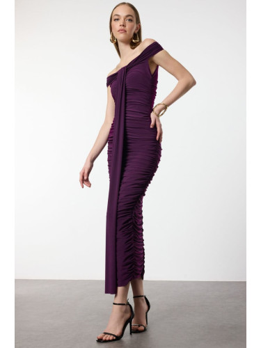 Trendyol Plum Body-Smooth Draped Woven Dress