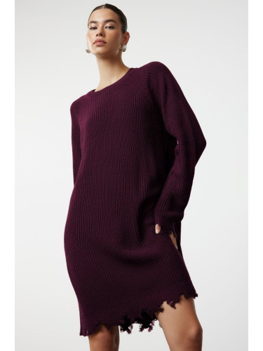 Trendyol Claret Red Plain Mini Wide Pattern Plain Knit Dress with Draping Detail