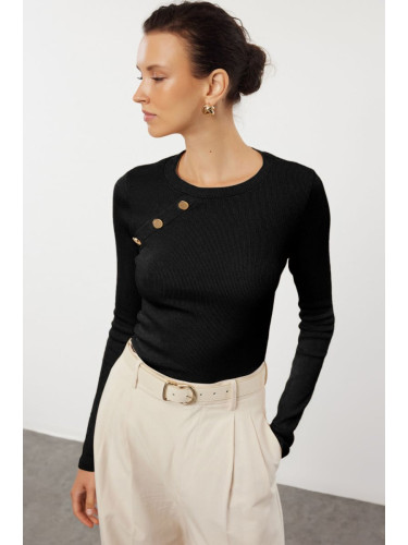 Trendyol Black Plain Fitted/Body-Sitting Raglan Sleeve Snap Detail Stretchy Knitted Blouse