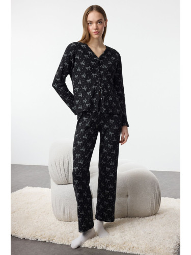 Trendyol Black-Multicolored Brushed Soft Ribbon/Bow Ribbed Cardigan Knitted Pajama Set