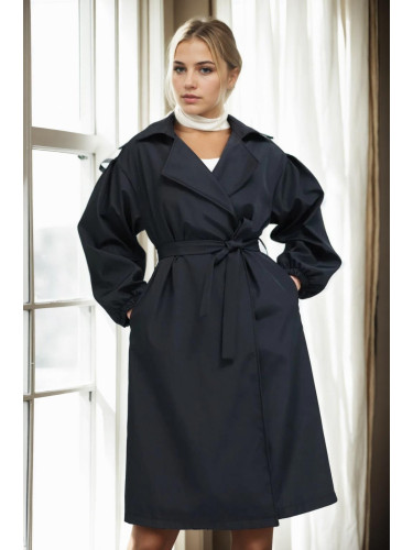 40345 Dewberry Belted Balloon Sleeve Women Trenchcoat-BLACK