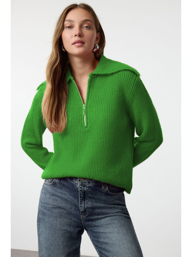 Trendyol Green Wool Wide Pattern Turn-down Collar Zippered Knitwear Sweater