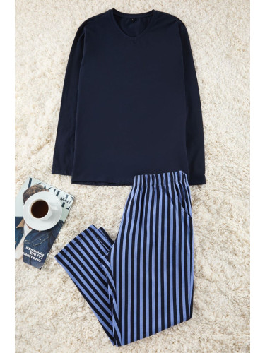 Trendyol Navy Blue Regular Fit 100% Cotton Striped Knitted Pajamas Set