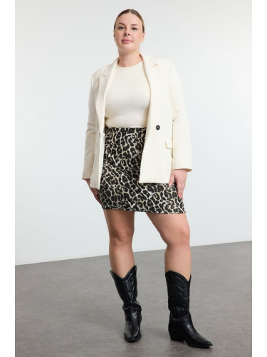 Trendyol Curve Brown Leopard Patterned Jacquard Fabric Knitted Plus Size Skirt