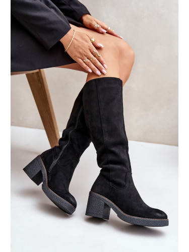 Insulated boots on heel eco suede below the knee black Leamirael