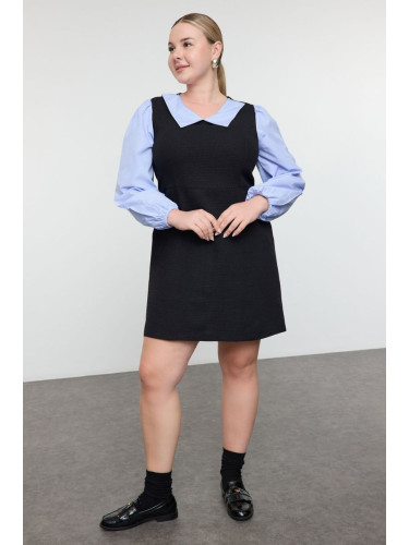 Trendyol Curve Black-Blue Striped Shirt Collar Tweed Woven Plus Size Dress