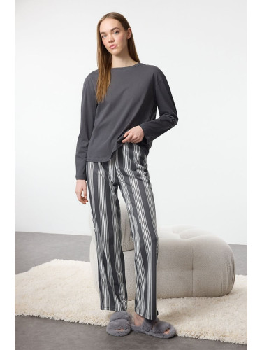 Trendyol Anthracite 100% Cotton Striped Knitted Pajama Set