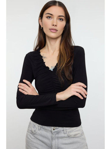 Trendyol Black Drawstring/Drape Detail V-Neck Body-Fitting Stretchy Knitted Blouse