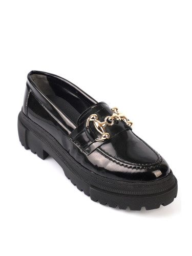 Capone Outfitters Oval Toe Metal Buckle Trak Sole Women's Patent Leather Black Gold Loafer