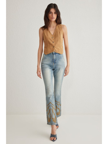 Trendyol Blue Embroidered High Waist Flare Jeans