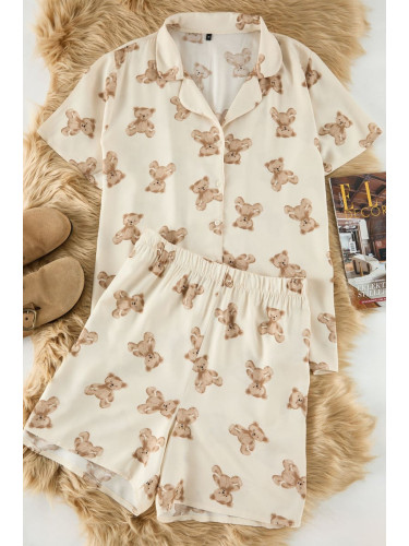 Trendyol Curve Beige Teddy Bear Patterned Shirt Collar Viscose Woven Pajama Set