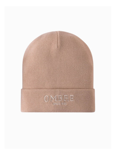 Ombre Men's knitted beanie cap with embroidered inscription - sand