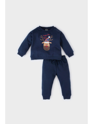 DEFACTO Baby Boy Christmas Themed 2-Piece Set Crew Neck Sweatshirt Elastic Waist Tracksuit Bottoms