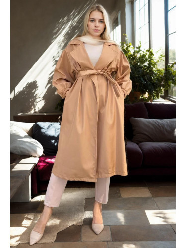 40345 Dewberry Belted Balloon Sleeve Women Trenchcoat-CAMEL