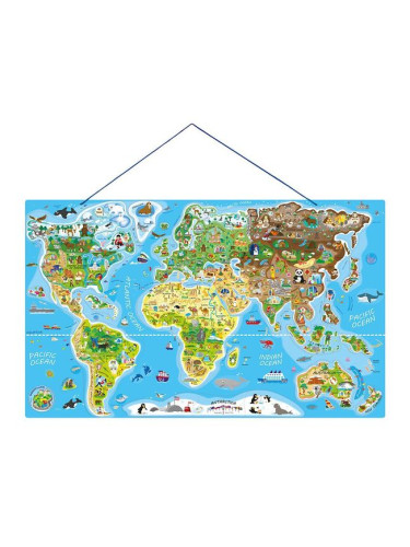 Карта на света Woody 2 в 1, дървен пъзел с 90 магнитни части