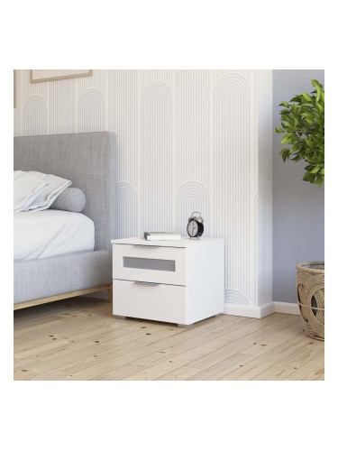 МАРС НОЩНО ШКАФЧЕ С 2 ЧЕКМЕДЖЕТА ГОРНО ЧЕКМ.СЪС СТЪКЛЕНА РАМКА 47/42/43h АЛПИЙСКО БЯЛ