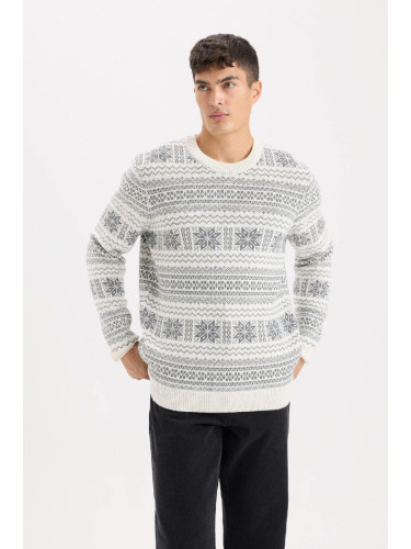 DEFACTO Standard Fit Christmas Themed Crew Neck Knitted Sweater