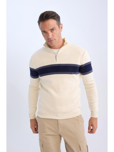 DEFACTO Men's Beige Standard Fit Regular Cut Turtleneck Half Zipper Striped Knitwear Sweater