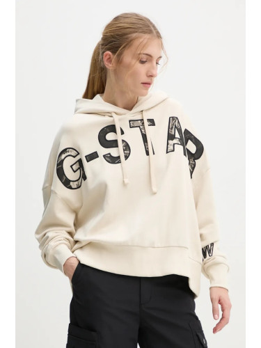 Памучен суичър G-Star в бежово с качулка с апликация D25046-D589