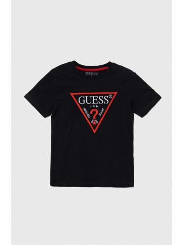 Детска памучна тениска Guess в черно с апликация L4YI54 K8HM4