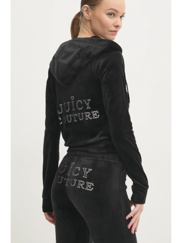 Кадифен суичър Juicy Couture REGAL MADISON HOODIE в черно с качулка с изчистен дизайн JCBAS224828