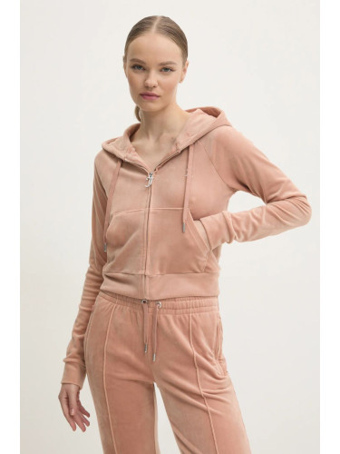 Кадифен суичър Juicy Couture MADISON HOODIE в кафяво с качулка с изчистен дизайн JCWA122001