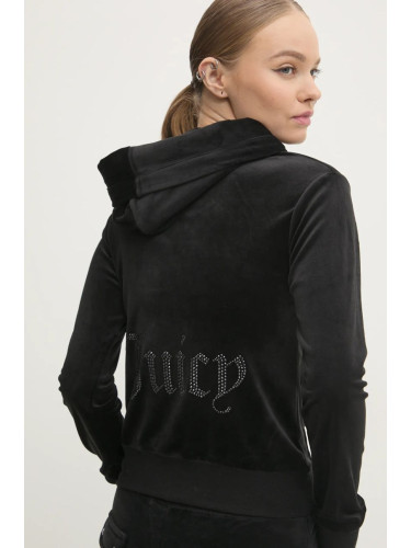 Кадифен суичър Juicy Couture ROBERTSON JEWELLED VELOUR HOODIE в черно с качулка с изчистен дизайн JCBAS224814