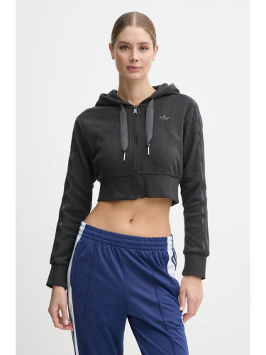 Суичър adidas Originals Femme Galore Short Fulzip Hoodie в сиво с качулка с апликация JN3006