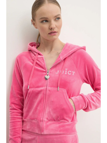 Кадифен суичър Juicy Couture REGAL MADISON HOODIE в розово с качулка с изчистен дизайн JCBAS224828