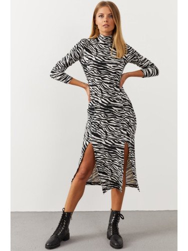 Cool & Sexy Women's Black-White Double Slit Zebra Pattern Dress