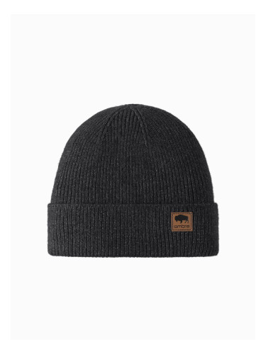 Ombre Men's knitted beanie cap with patch - black melange