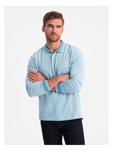 Ombre Men's melange polo longsleeve with embroidery - blue melange