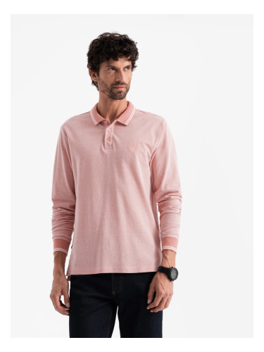 Ombre Men's melange polo longsleeve with embroidery - pink melange