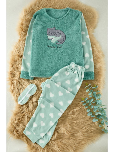 Trendyol Mint Heart Cat Embroidered Sleep Band Polar Fleece Winter Knitted Pajama Set