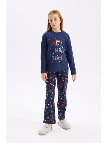 DEFACTO Girls Christmas Themed Pajama Set Long Sleeve Top Elastic Waist Long Bottom