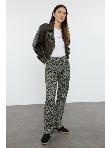 Trendyol Khaki Leopard Print High Waist Straight Jeans