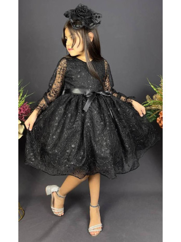 Официална детска рокля с ръкав Сабрина - от тюл и дантела с блясък и ф