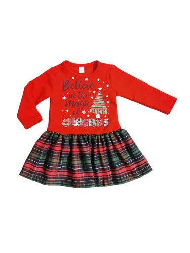 Детска коледна рокля Карена в червено с каре с надпис Повярвай в магия