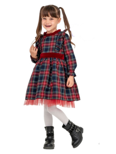 Коледна рокля Мир с дълъг ръкав и якичка в червено с червено и тъмнос