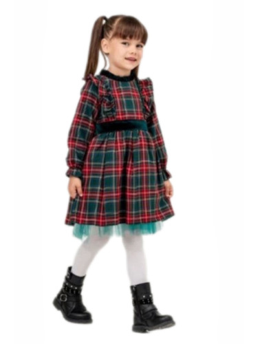 Коледна рокля Мир с дълъг ръкав и якичка в зелено със зелено и червено